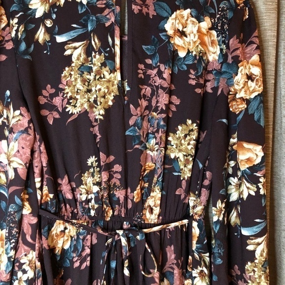 Xhiliration Wine Floral Print Long Sleeve Scoop Neck Ruffle Front Dress Medium - Picture 16 of 16